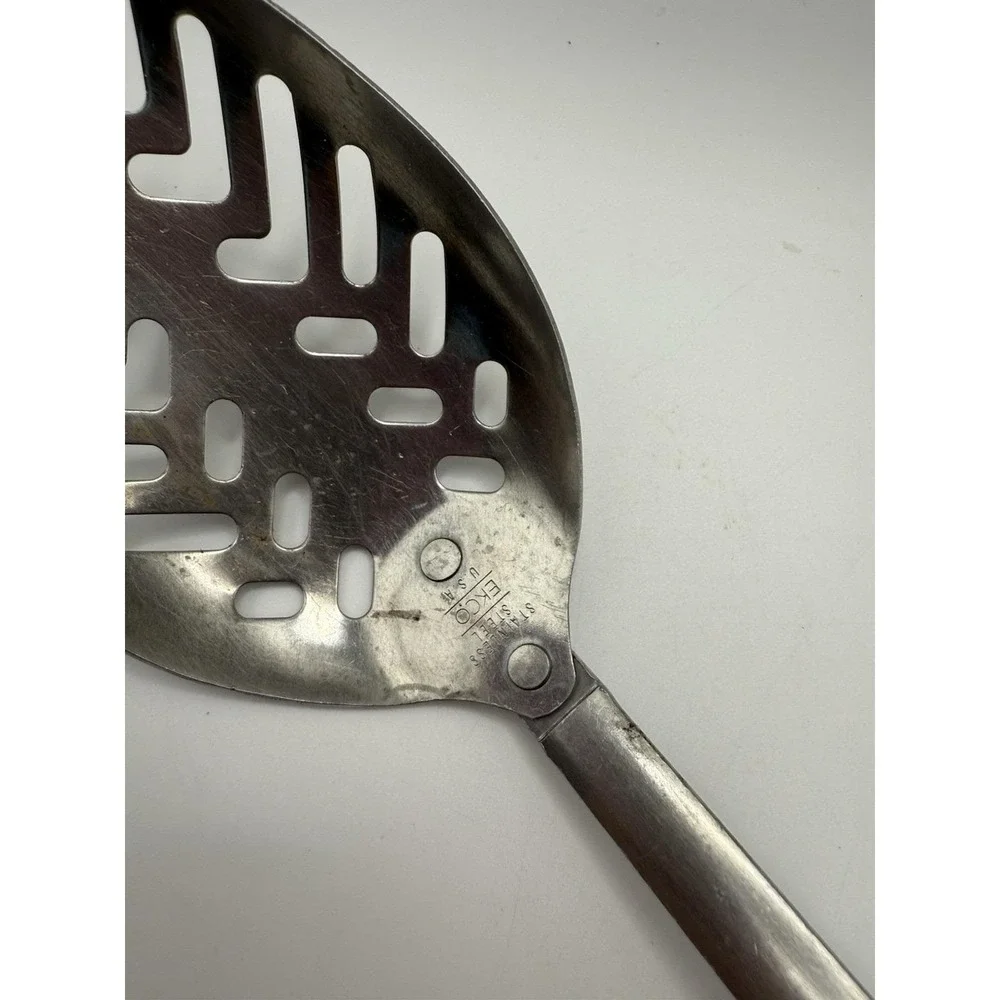 Vintage Ekco Slotted Spoon Brown Handle Made‎ in USA Kitchen Cooking Utensil
